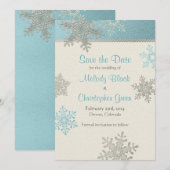 Silver Blue Snowflake Winter Wedding Save the Date (Voorkant / Achterkant)