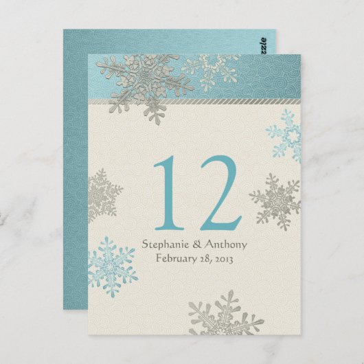 Silver Blue Snowflake Winter Wedding Table Kaart (Voorkant / Achterkant)