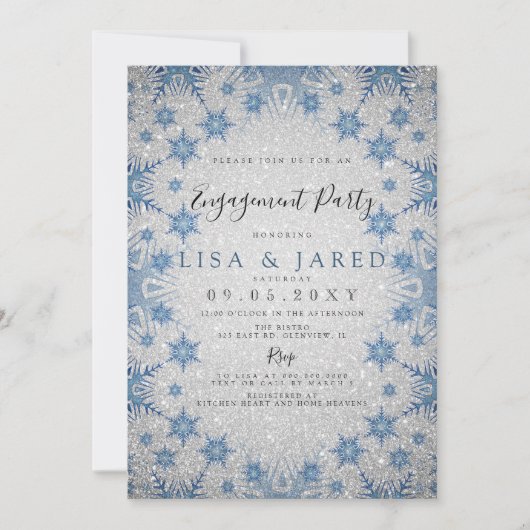 Silver Blue Snowflakes Winter Engagement Party Kaart (Voorkant)