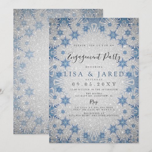Silver Blue Snowflakes Winter Engagement Party Kaart (Voorkant / Achterkant)
