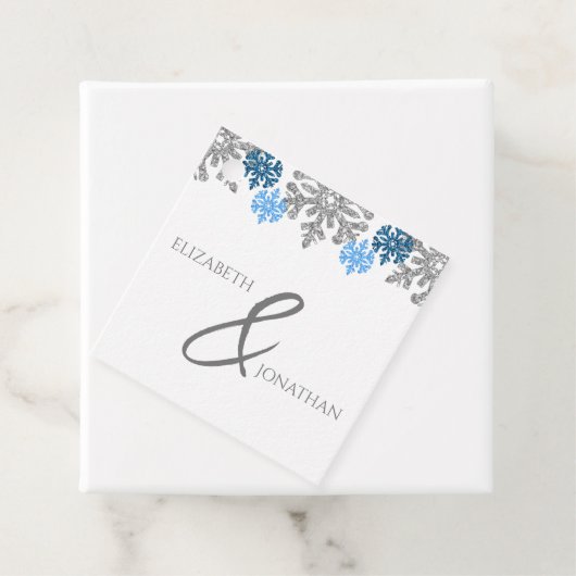 Silver Blue Snowflakes Winter Wedding Bedankjes Labels (In situ)