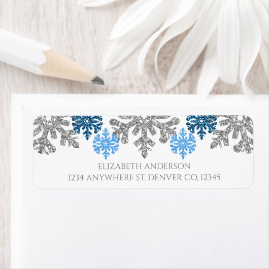 Silver Blue Snowflakes Winter Wedding Etiket (Insitu)