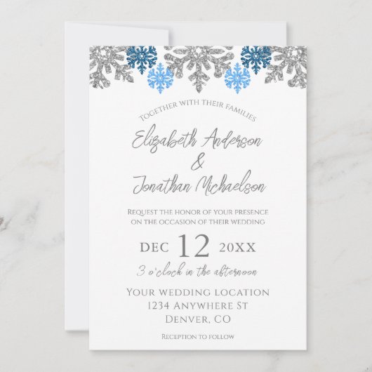 Silver Blue Snowflakes Winter Wedding Kaart (Voorkant)
