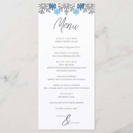 Silver Blue Snowflakes Winter Wedding Menu (Voorkant)