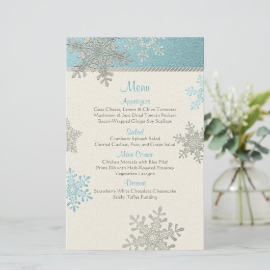 Silver Blue Snowflakes Winter Wedding Menu Kaart (Staand voorkant)