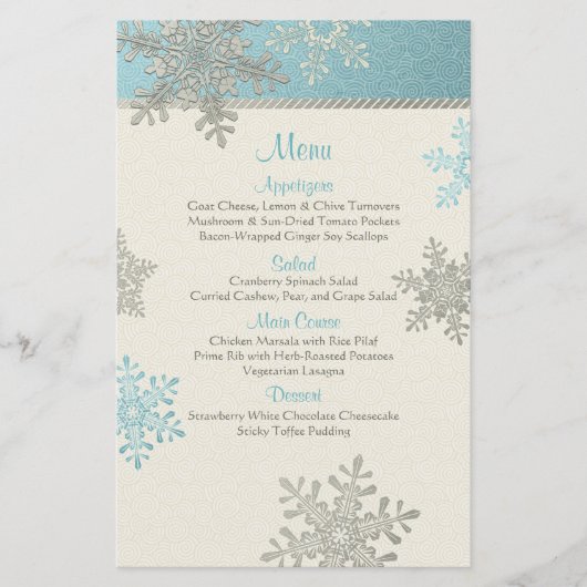 Silver Blue Snowflakes Winter Wedding Menu Kaart (Voorkant)