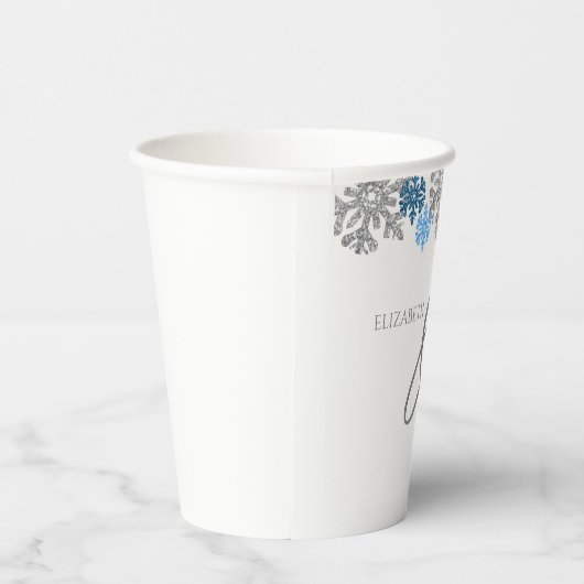 Silver Blue Snowflakes Winter Wedding Papieren Bekers (Rechts)