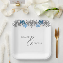 Silver Blue Snowflakes Winter Wedding Papieren Bordje