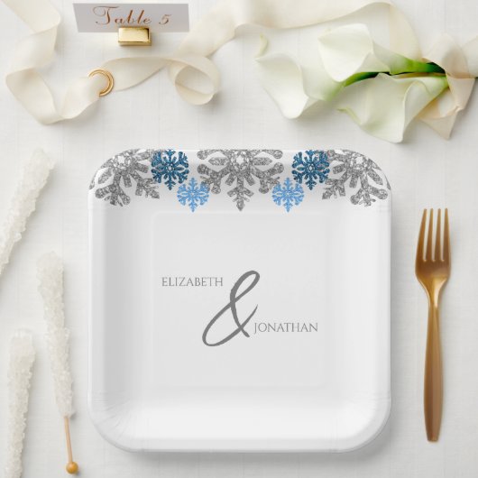 Silver Blue Snowflakes Winter Wedding Papieren Bordje (Huwelijk)