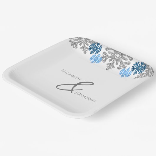 Silver Blue Snowflakes Winter Wedding Papieren Bordje (Gebogen)