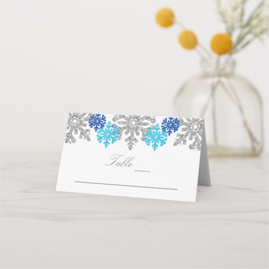 Silver Blue Snowflakes Winter Wedding Plaatskaartje (Voorkant)