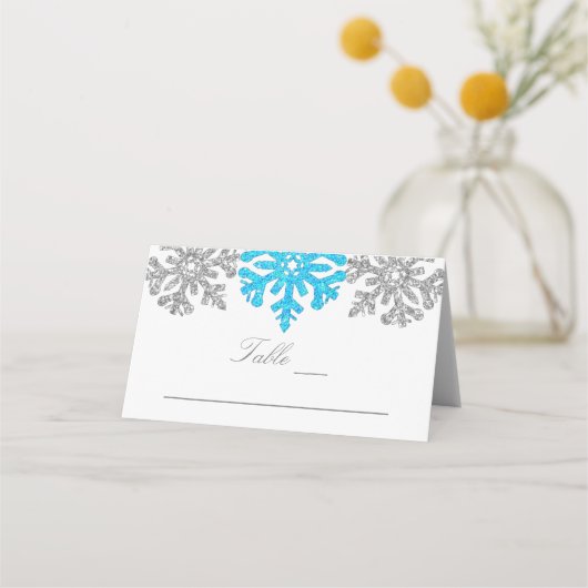 Silver Blue Snowflakes Winter Wedding Plaatskaartje (Voorkant)