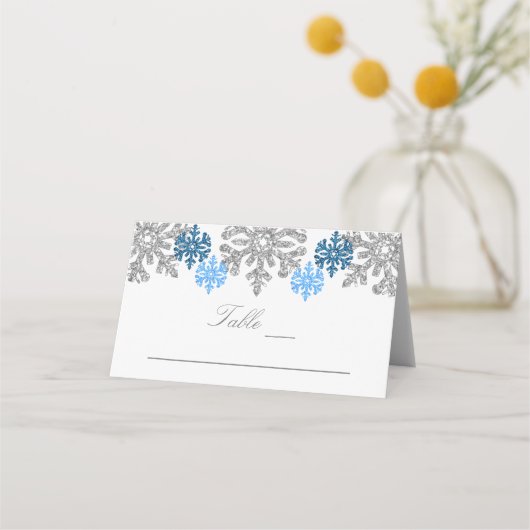Silver Blue Snowflakes Winter Wedding Plaatskaartje (Voorkant)