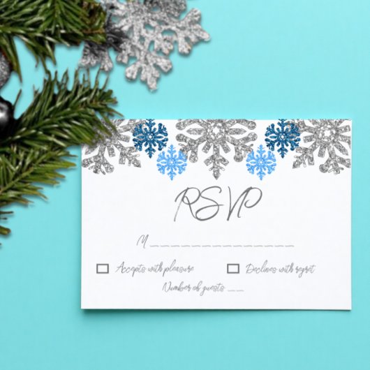 Silver Blue Snowflakes Winter Wedding RSVP Kaartje