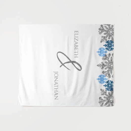 Silver Blue Snowflakes Winter Wedding Wandkleed (Voorkant (horizontaal))