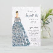 Silver Blue Sparkle Dress Sweet 16 verjaardag Invi Kaart (Staand voorkant)