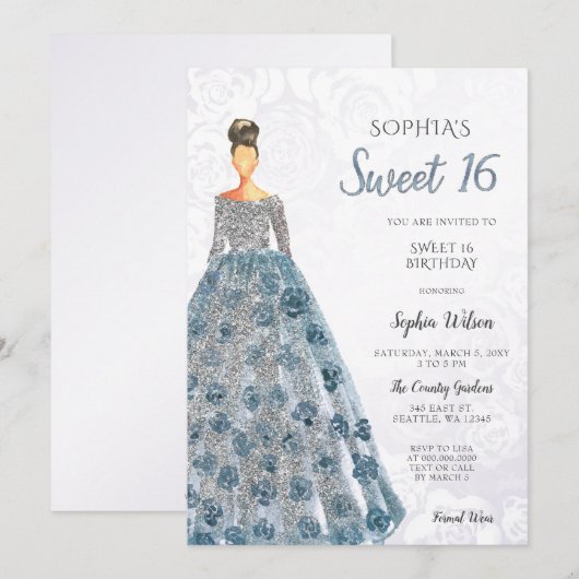 Silver Blue Sparkle Dress Sweet 16 verjaardag Invi Kaart (Voorkant / Achterkant)