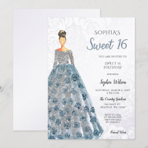 Silver Blue Sparkle Dress Sweet 16 verjaardag Invi Kaart