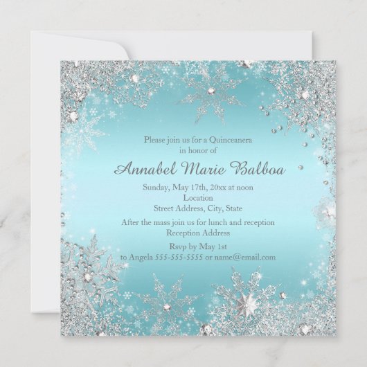 Silver & Blue Sparkle Dress & Tiara Quinceanera Kaart (Achterkant)