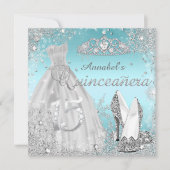 Silver & Blue Sparkle Dress & Tiara Quinceanera Kaart (Voorkant)