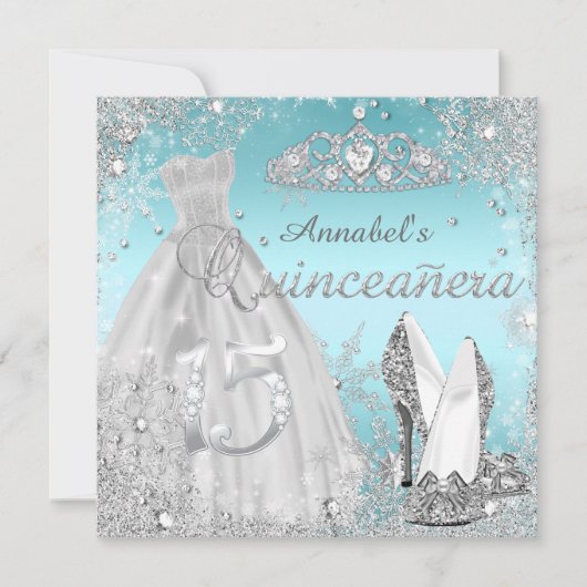 Silver & Blue Sparkle Dress & Tiara Quinceanera Kaart (Voorkant)
