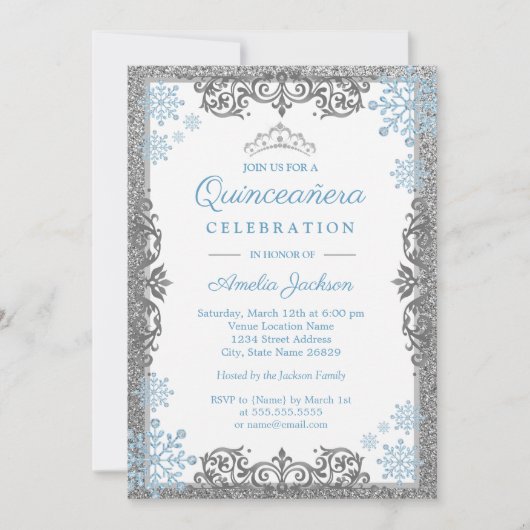 Silver Blue Sparkle Sneeuwvlok Quinceanera Uitnodi Kaart (Voorkant)