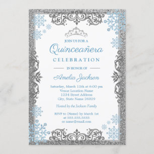 Silver Blue Sparkle Sneeuwvlok Quinceanera Uitnodi Kaart