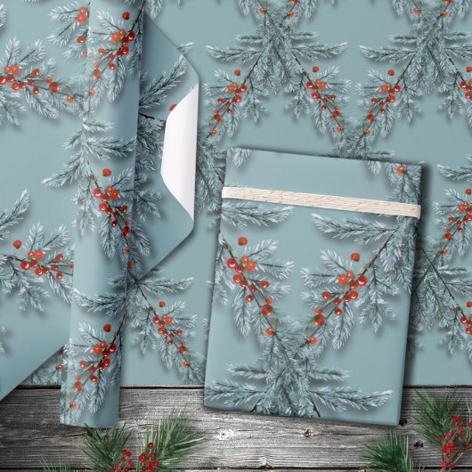 Silver Blue Spruce Red Berries Lattice Blue Cadeaupapier