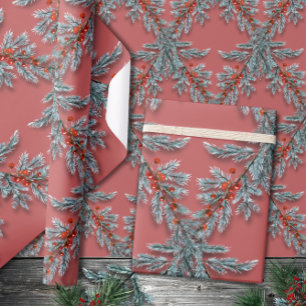 Silver Blue Spruce Red Berries Lattice Pink Red Cadeaupapier