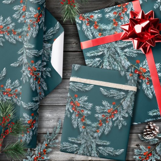 Silver Blue Spruce Red Ilex Berries Lattice Blauwg Cadeaupapier