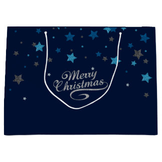 Silver Blue Stars Merry kerstvakanay Gift Bag Large Cadeautasje