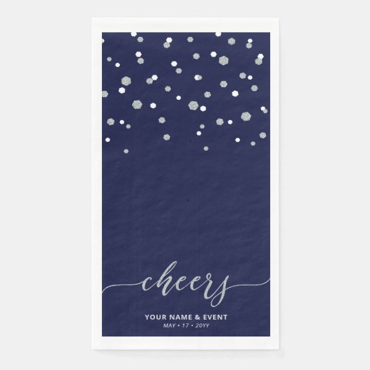 Silver Blue Stijlvol Script Confetti Cheers Party Servet (Voorkant)