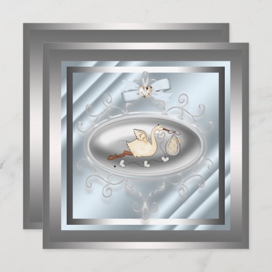 Silver Blue Stork Baby Boy Shower Uitnodigingen (Voorkant / Achterkant)