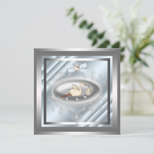 Silver Blue Stork Baby Boy Shower Uitnodigingen (Staand voorkant)