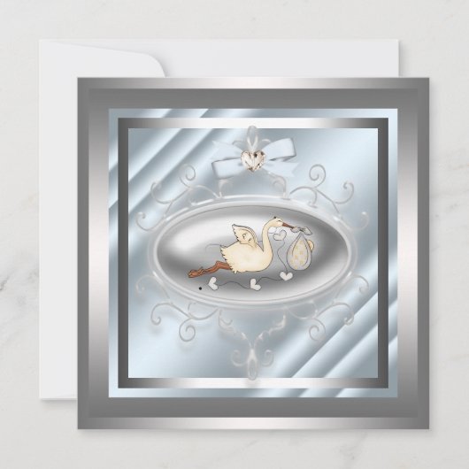 Silver Blue Stork Baby Boy Shower Uitnodigingen (Voorkant)
