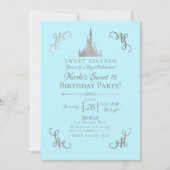 Silver & Blue Storybook Princess Sweet 16 Party Kaart (Voorkant)