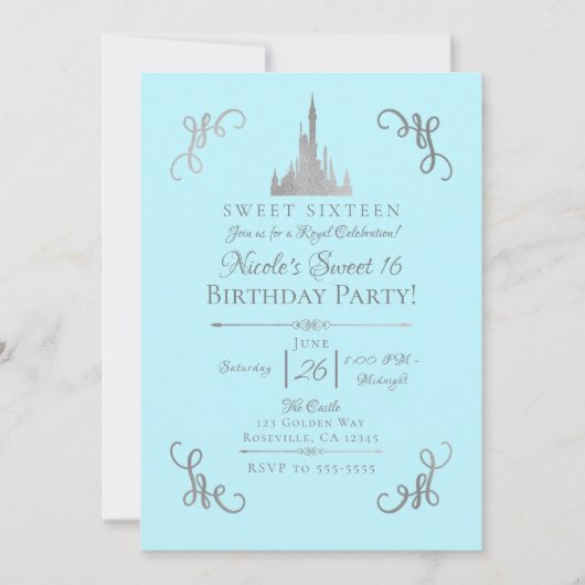 Silver & Blue Storybook Princess Sweet 16 Party Kaart (Voorkant)
