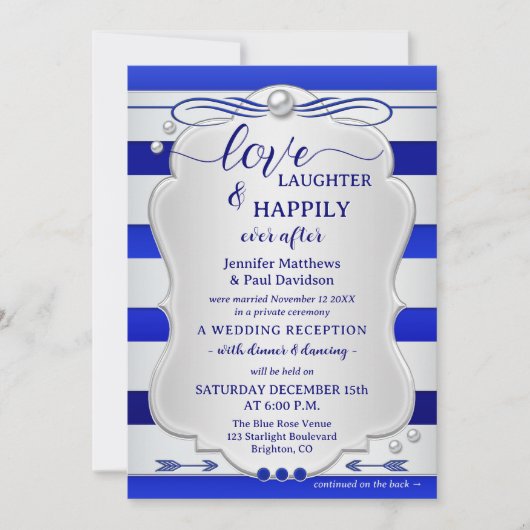 Silver Blue Striped Happily Ever After Wedding Kaart (Voorkant)
