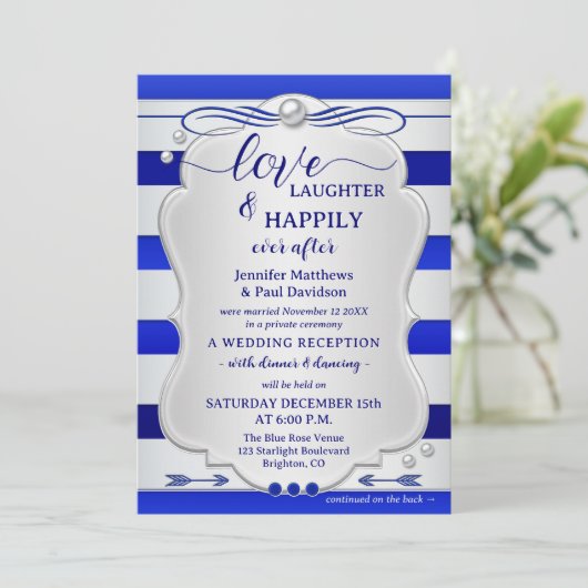 Silver Blue Striped Happily Ever After Wedding Kaart (Staand voorkant)