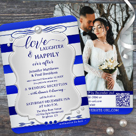 Silver Blue Striped Happily Ever After Wedding Kaart