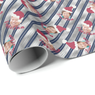 Silver & Blue Stripes Santa Hats Aangepaste foto-o Cadeaupapier