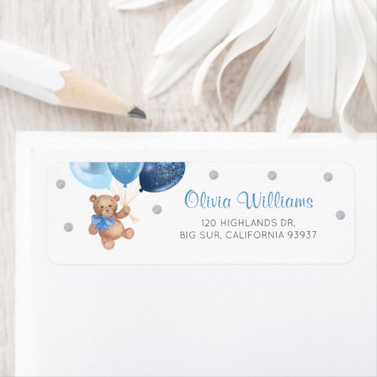 Silver Blue Teddy Bear Baby shower retouradres Etiket (Insitu)
