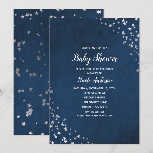 Silver & Blue Twinkle Stars Celestial Baby shower Kaart (Voorkant / Achterkant)