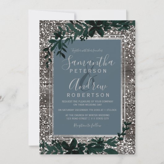 Silver Blue typografie leaf sneeuwbos bruiloft Kaart (Voorkant)
