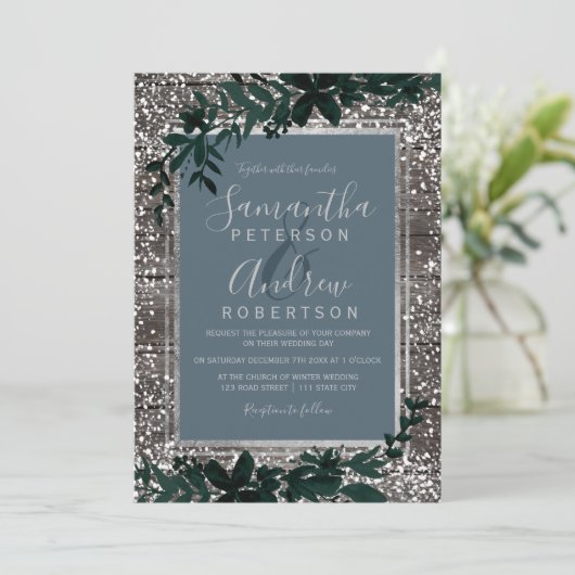 Silver Blue typografie leaf sneeuwbos bruiloft Kaart (Staand voorkant)