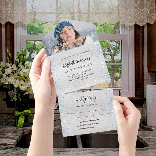 Silver Blue verjaardagsfoto rsvp All In One Uitnodiging