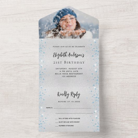 Silver Blue verjaardagsfoto rsvp All In One Uitnodiging (Binnen)