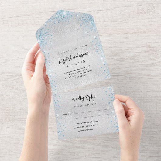 Silver Blue verjaardagsvp All In One Uitnodiging (Afscheurbaar)