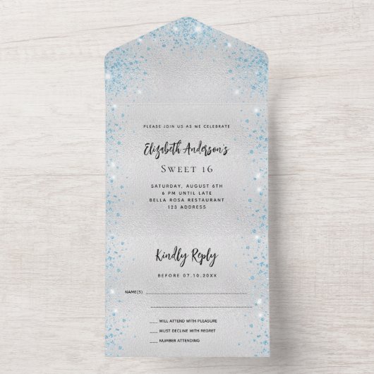 Silver Blue verjaardagsvp All In One Uitnodiging (Binnen)