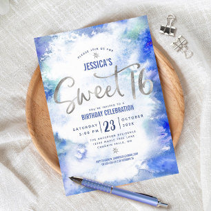Silver Blue Waterverf Sweet 16 Verjaardags Modern Kaart